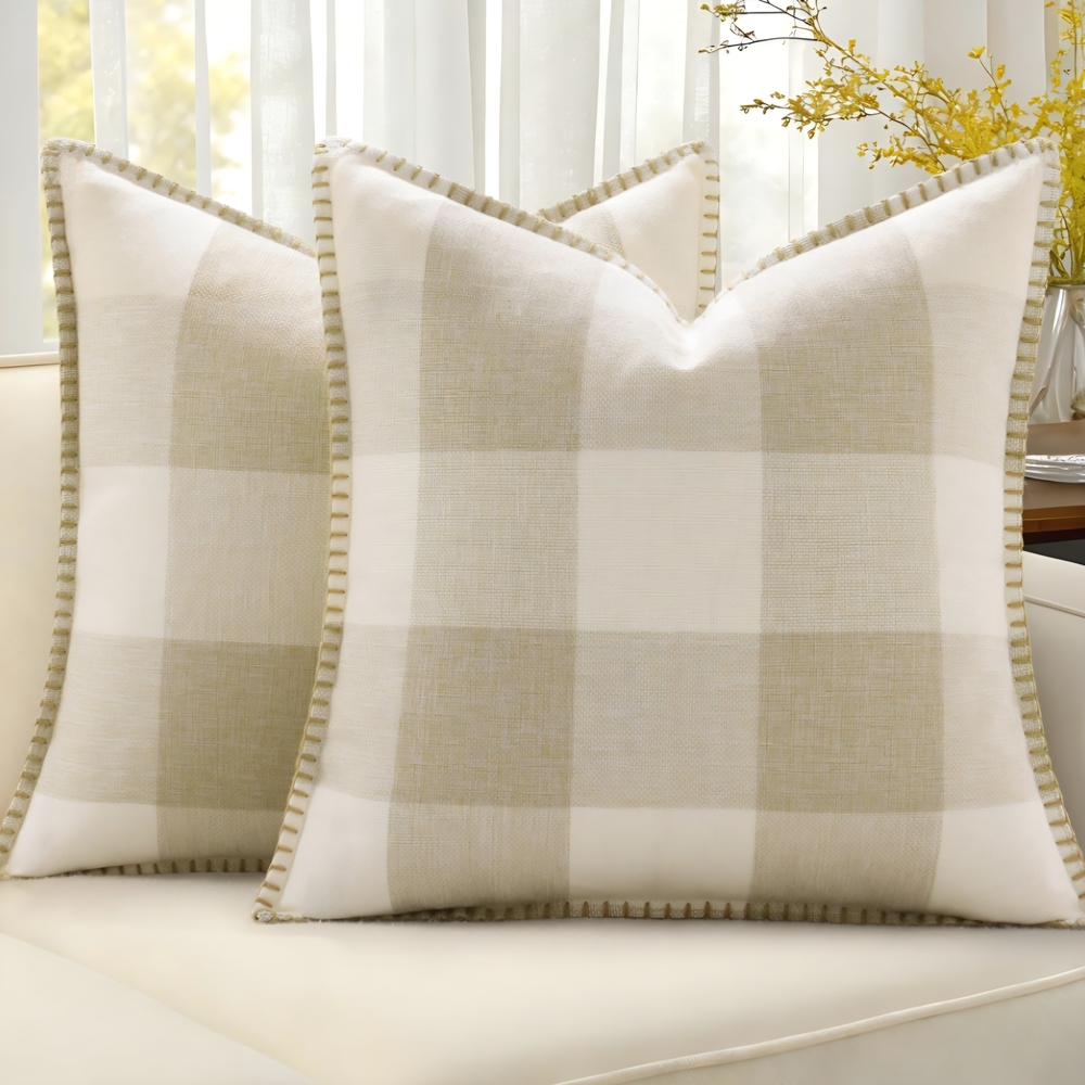 Neutral Buffalo Check Throw Pillow Pair - Beige and White Home Decor Simple